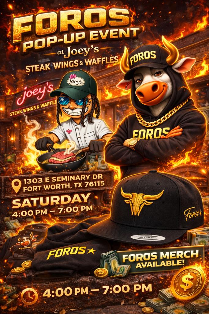 FOROSCRYPTO's tweet photo. Good morning Fort Worth! ☀️  

$FOROS merch is live: black snapbacks, green brim, gold bull front, FOROS side—limited stock, so move fast.  

🔥Saturday🔥: Joey's Steak Wings & Waffles, 1303 E Seminary Dr 76115, 4-7 PM. Come grab one, pay with $FOROS for discount.  

Sunday: We're at 5300 Hemp Hill St—vendor spots open if you're selling food, crafts, merch. DM me now, space is filling up.  

We're promoting local, building bigger. Hit me up—DM here or IG @ttv_el_foros.  

We not fucking leaving 😤🤠  #FOROS #FortWorth #FortWorthTX #Stockyards #TCU #HempHill #Southside #Texas #SupportLocal #LocalBusiness #Crypto #HODL #Airdrop #NoRugs #TokenBurn #LocalBusiness #SupportLocal #PromoVideo