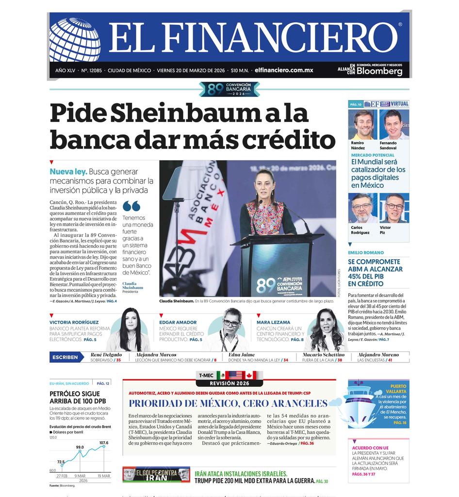 ¡Buen fin de semana! La portada de <a href="/ElFinanciero_Mx/">El Financiero</a> 👇🏼
📍Pide Sheinbaum a la banca dar más crédito
📍Se compromete ABM a alcanzar 45% del PIB en financiamiento
📍 Prioridad de México en revisión del T-MEC, cero aranceles