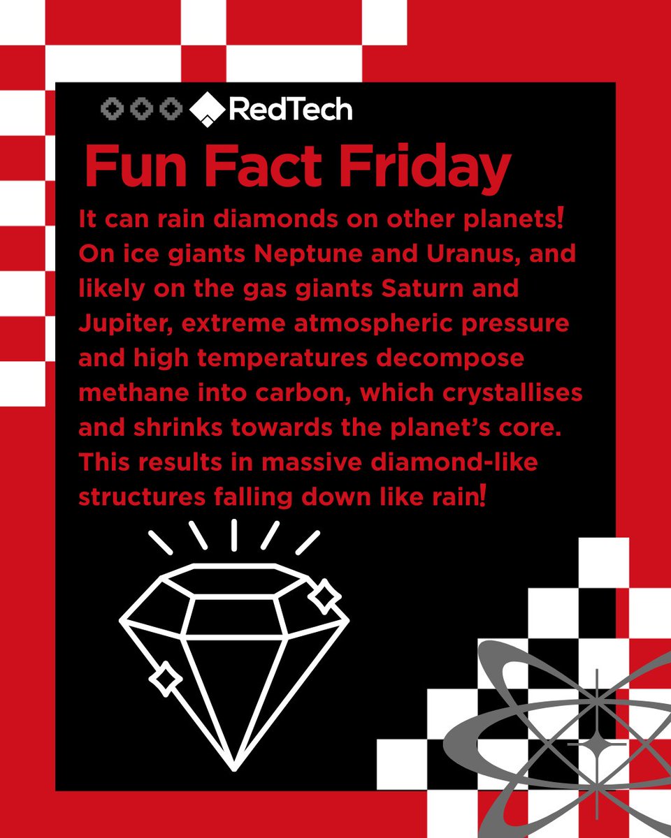 This week’s fun fact is that on certain planets, especially on the ice giants, it can rain diamonds!💎 

Intense pressure splits methane molecules, where the free carbon atoms are compressed, creating diamonds that sink down. 

#funfacts #stem #space #astronomy #astrophysics