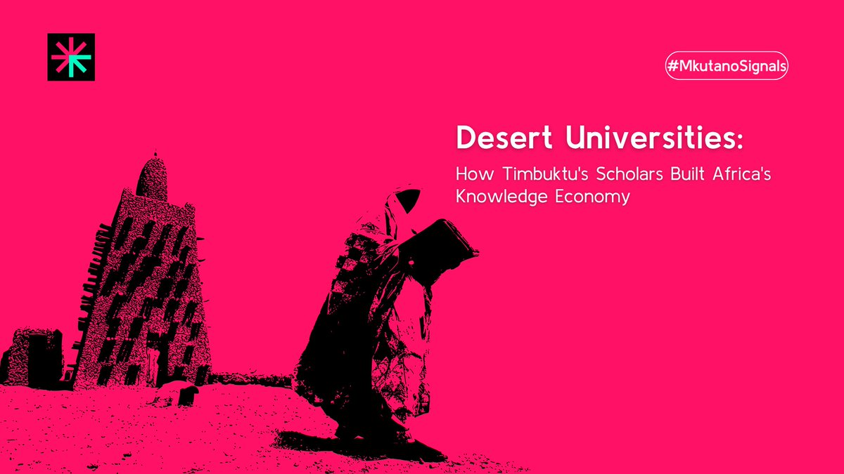 TheMkutano's tweet photo. In 16th-century Timbuktu, books were the main trade, and a thriving knowledge economy flourished with 1 in 4 people studying. Africa has done this before; can we do it again? 
Read more:https://t.co/zpTloUt9Jd
 
#MkutanoSignals #KnowledgeEconomy #AfricanHistory #EducationSystems https://t.co/ysmXmr0e7z