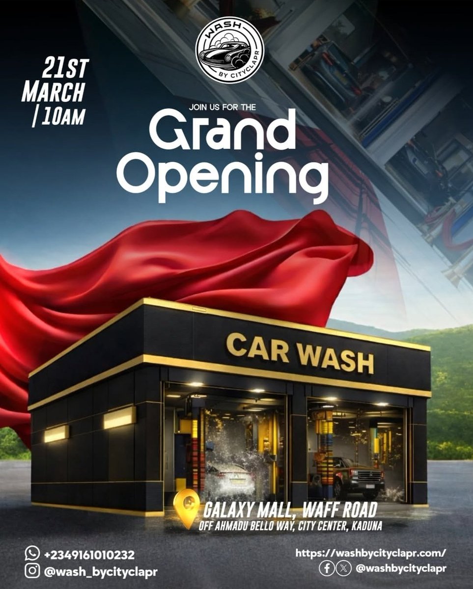 kadanewsng's tweet photo. WASH BY CITY CLAPR  OPENS IN KADUNA.

A premium car wash, one of its kind and here to stay. 

SERVICES INCLUDE:

* Basic Wash
* Premium Wash
* Interior Detailing
*  Full Detailing 

LOCATION: GALAXY MALL WAFF ROAD, OFF AHMADU BELLO WAY CITY CENTRE, KADUNA https://t.co/phTCgGGgRS
