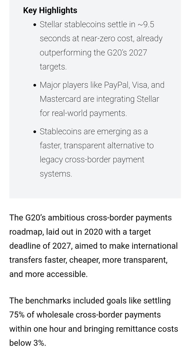 TifaniesweTs's tweet photo. G20 Targets vs Reality: #StellarNetwork Quietly Redefines Global Payments
Stellar processes transactions in ~9.5 seconds at just $0.0007, far surpassing the G20’s 1-hour and sub-3% cost targets for cross-border payments.

https://t.co/GwkZgZUZEb https://t.co/7dHwDRZLHT
