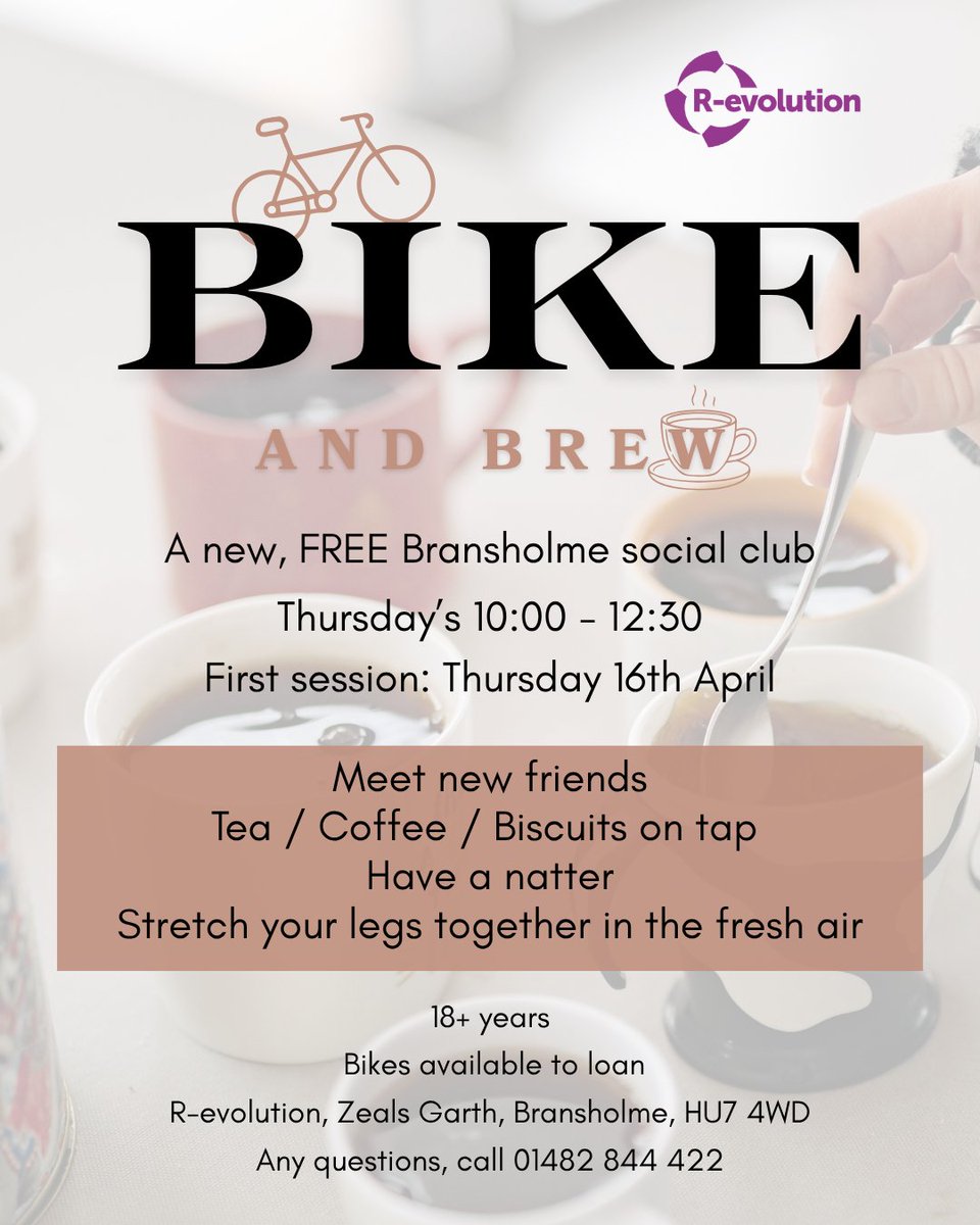 RevolutionYorks's tweet photo. Good company, fresh air, and a hot cuppa! 🫖

Cycling is optional, and the rides will be adapted to the group. It is simply a chance to stretch your legs in the sun 🌞

New to cycling? No problem!
We’ve got plenty of ways to help you get started, from static bikes to tandems! https://t.co/8UneP9X2Yp