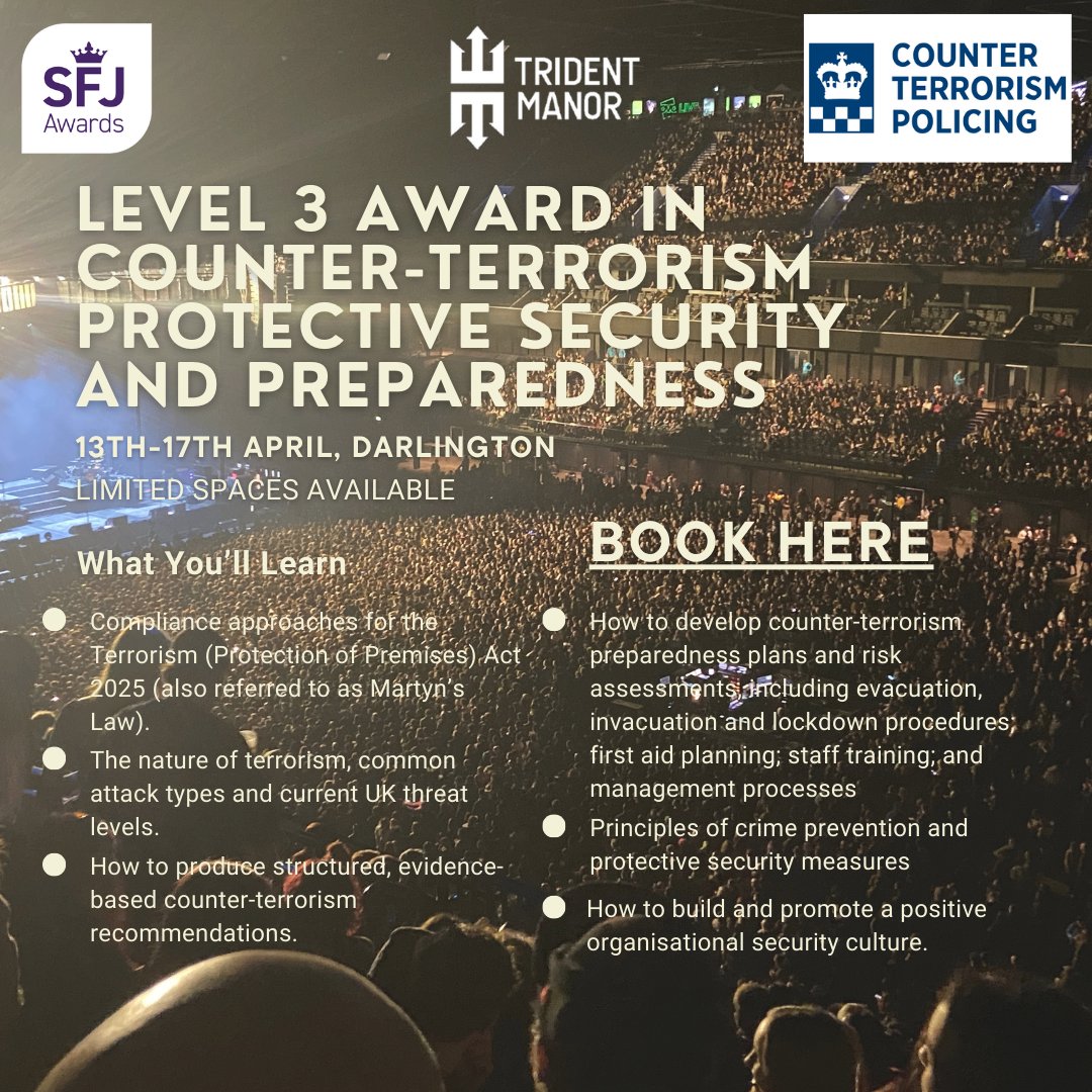Last chance to book your spot in our first delivery of SFJ Awards Award in Counter Terrorism Protective Security and Preparedness!

The five-day programme will be held from the 13th-17th of April, 2026.

Book now 👉 lnkd.in/e5csYTzs
Contact us: training@tridentmanor.com