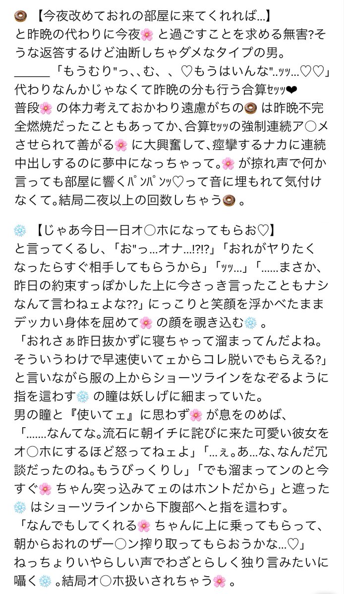 #夜のopプラス #夜のwnpeプラス

『約束してた夜の仲良しをうっかり忘れてしまい､あわわ💦ってなった🌸が🚹に「なんでもするから許して?」と言っちゃった時の短話』
⚔️🕒🎩🌷🌐🐧🐯🚬🍍
※解釈違い/閲覧注意
※❄️🍩以外は系統（?）別に仕分けてる
💋🐊❄️🍩🍶🔫

朝イチ🚹の元へ向かった🌸