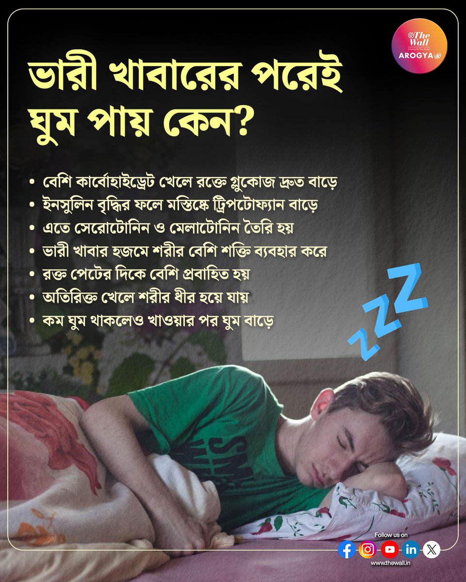 TheWallTweets's tweet image. ভারী খাবারের পরেই ঘুম কেন পায়?
#TheWallArogya #FoodComa #DigestionTips #PostprandialSomnolence #HealthyEating #SleepyAfterMeal #NutritionFacts #BengaliHealthTips #WellnessTalk #LifestyleHealth #TheWallNews