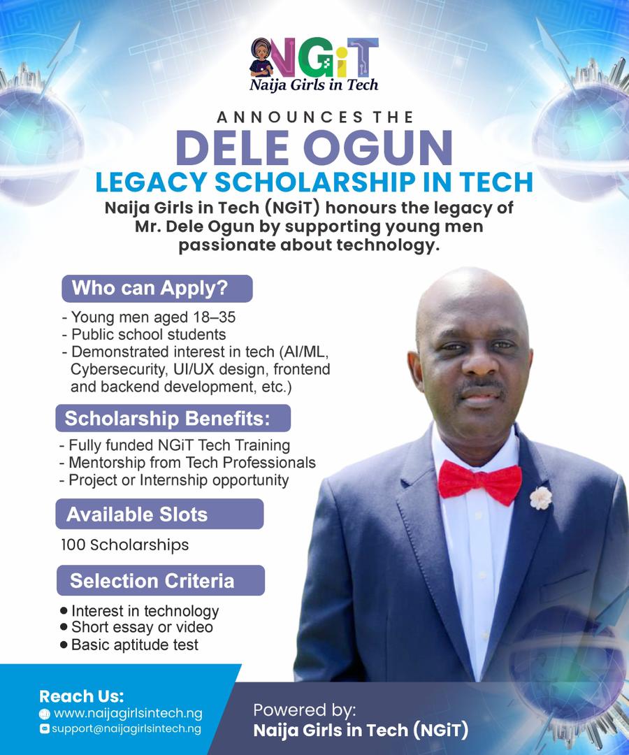9jaGirlsinTech's tweet photo. 100 Fully Funded Tech Scholarships for Young Men

Are you 18–35 and ready to start a career in tech?

Learn AI, Cybersecurity, UI/UX, Frontend, Backend &amp; more—FREE.

🎯 Training | Mentorship | Projects | Internship opportunities
⚠️ Limited slots
📌 Apply: https://t.co/IHjLlv4sp1 https://t.co/54YbpFrhIz