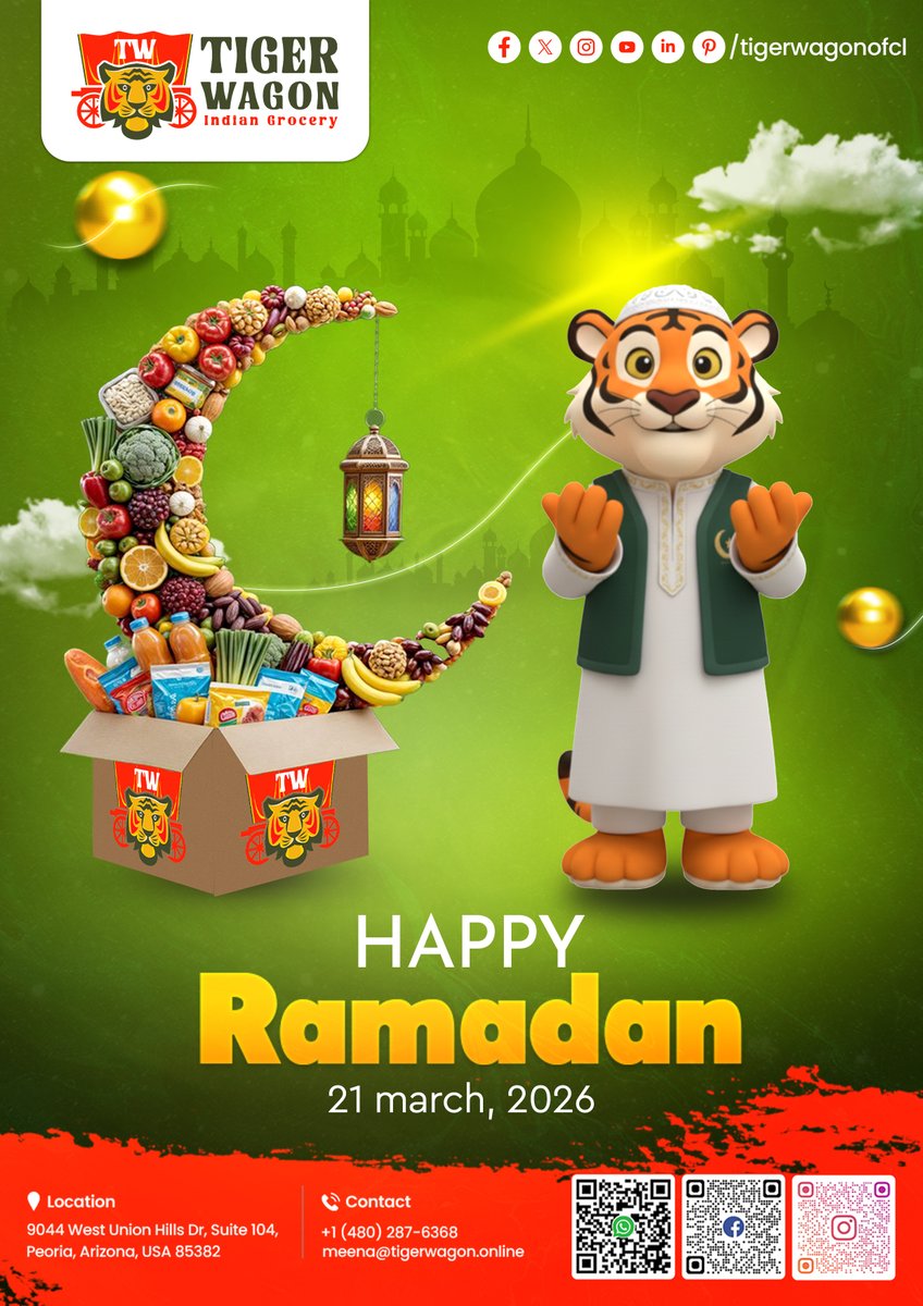 tigerwagonofcl's tweet image. 🌙✨ Ramadan Mubarak! ✨🌙

Celebrate Ramadan with love, prayers, and delicious meals from Tiger Wagon. 🛒🌿

#RamadanMubarak #Ramadan2026 #BlessedMonth #RamadanVibes #EidPrep #TigerWagon #PeoriaAZ #ShopLocal #FestiveSeason #RamadanKareem 🌙🌟