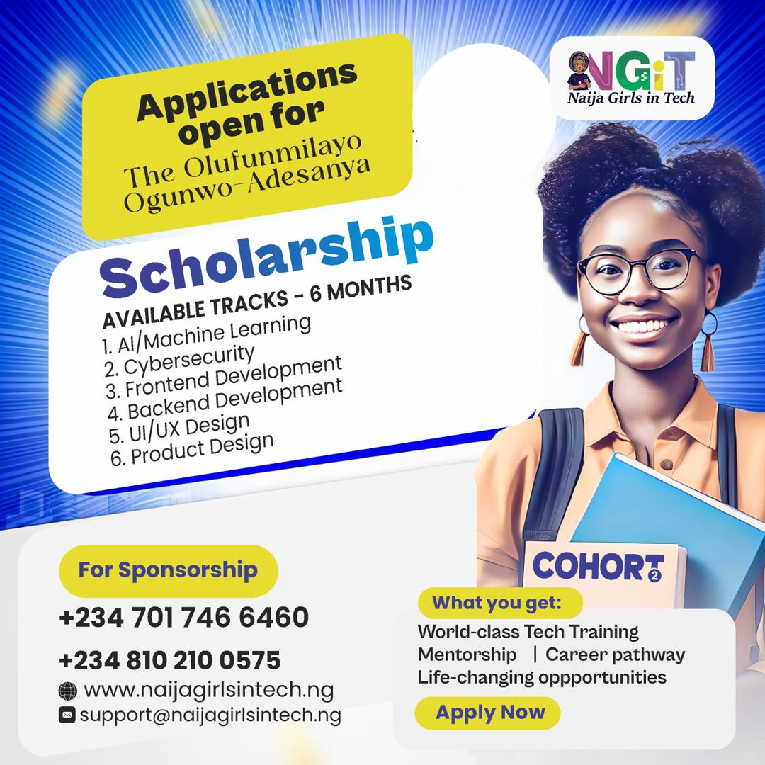 9jaGirlsinTech's tweet photo. 100 Fully Funded Tech Scholarships for Women

Applications open for Olufunmilayo Ogunwo-Adesanya Scholarship – Cohort 2.0

AI/ML, Cybersecurity, Frontend Dev, Backend Dev, UI/UX Design &amp; Product Design.

Training • Mentorship • Career Support

 Apply: https://t.co/IaSwc3GauO https://t.co/Zseu2wTX9T