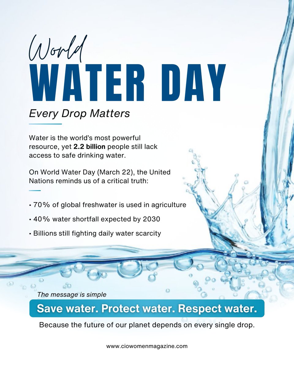 ciowomenmag's tweet photo. 2.2B people still lack safe water. Every drop counts. This World Water Day, save water today to secure tomorrow.

#SunscreenTips #SkinProtection #SPFEveryday #SunSafety #Dermatology #AntiAging #SkinHealth #UVProtection #SkincareRoutine #SunCare #ciowomenmagazine https://t.co/UMkKNGIzuw
