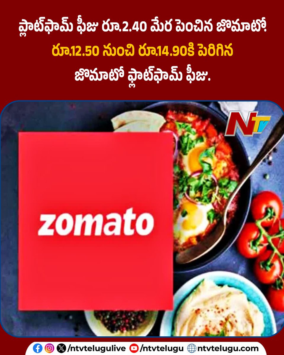 NtvTeluguLive's tweet image. ప్లాట్‌ఫామ్‌ ఫీజు రూ.2.40 మేర పెంచిన జొమాటో.. రూ.12.50 నుంచి రూ.14.90కి పెరిగిన జొమాటో ఫ్లాట్‌ఫామ్‌ ఫీజు   

#Zomato #PlatformFee #FoodDelivery #NTVTelugu