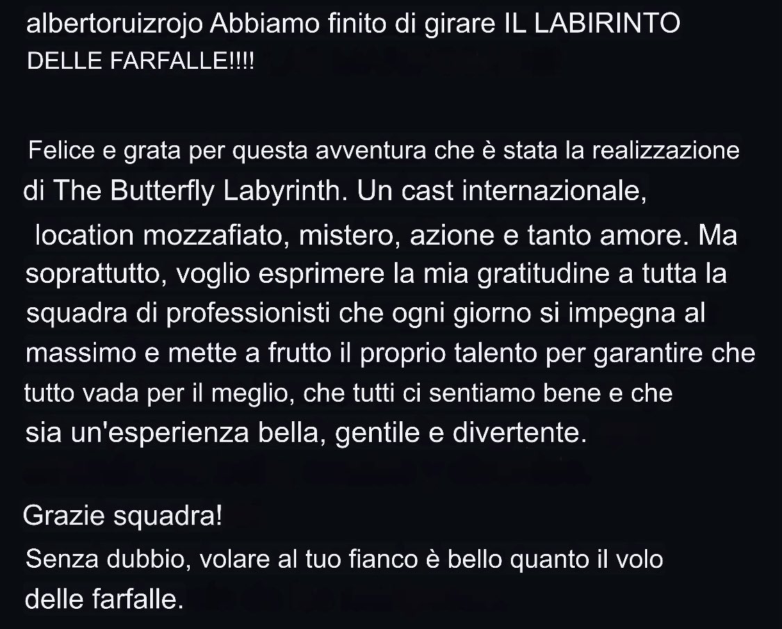IG post <a href="/albertoruizrojo/">alberto ruiz rojo</a> Terminamos el rodaje de EL LABERINTO DE LAS MARIPOSAS!!!!

Abbiamo finito di girare IL LABIRINTO DELLE FARFALLE!!!!

#CanYaman
#ElLaberintoDeLasMariposas