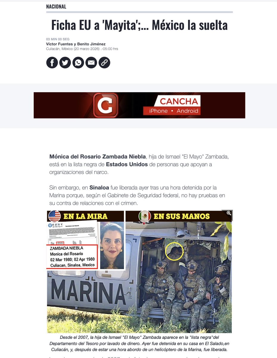 arturoangel20's tweet photo. Esta comparación que hace el diario Reforma es incorrecta.

Sí, la hija de El Mayo aparece en la lista de personas sancionadas por el Departamento del Tesoro.

¿Eso implica que pueda ser detenida? Claro que NO. Esta persona NO tiene una orden de detención en EE UU. Ni ficha roja. Ni solicitud de extradición.

Tampoco la tiene en México.

A menos que fuera sorprendida competiendo un delito en flagrancia ayer, no hay justificación para retener a una persona sin una orden de arresto.

Punto.