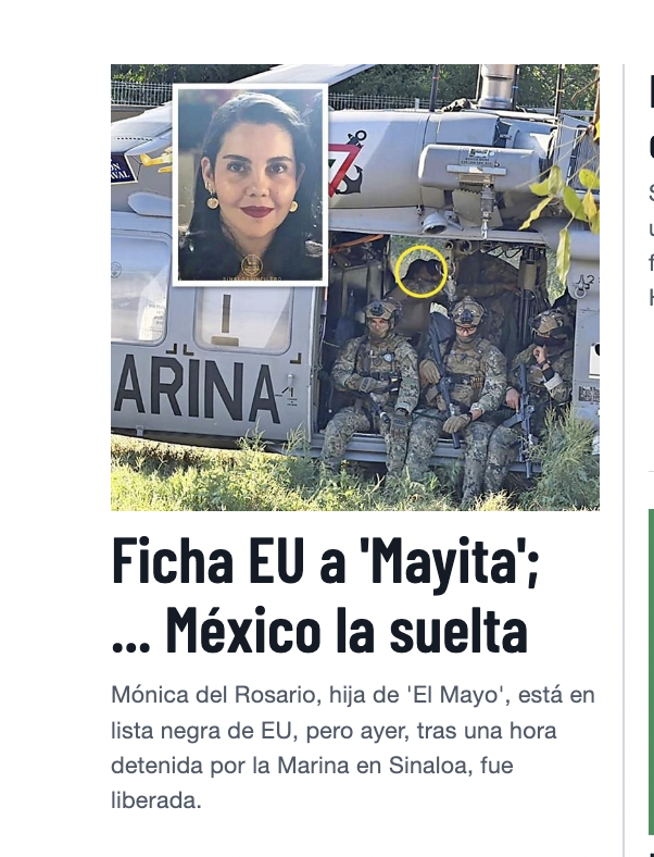 Esta comparación que hace el diario Reforma es incorrecta.

Sí, la hija de El Mayo aparece en la lista de personas sancionadas por el Departamento del Tesoro.

¿Eso implica que pueda ser detenida? Claro que NO. Esta persona NO tiene una orden de detención en EE UU. Ni ficha roja.