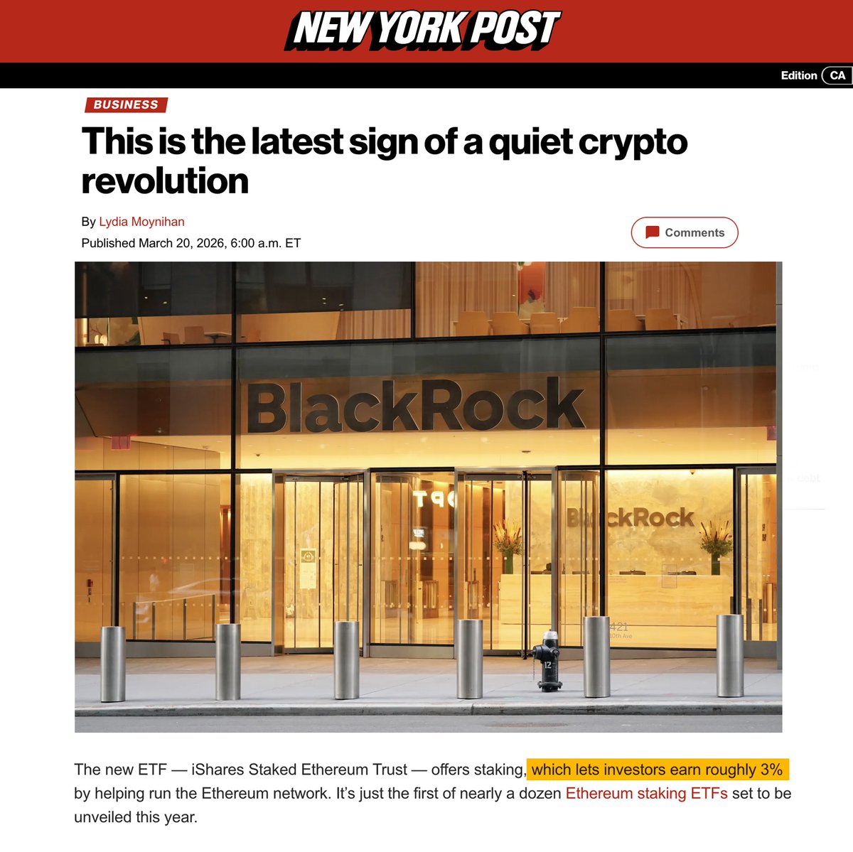 🚨JUST IN: Ethereum hits mainstream validation — NY Post highlights BlackRock bringing $ETH exposure + yield to institutions.

Quotes Tom Lee: “Ethereum… is really gonna be where Wall Street meets crypto”

The product offers yield “roughly 3% by helping run the Ethereum network”