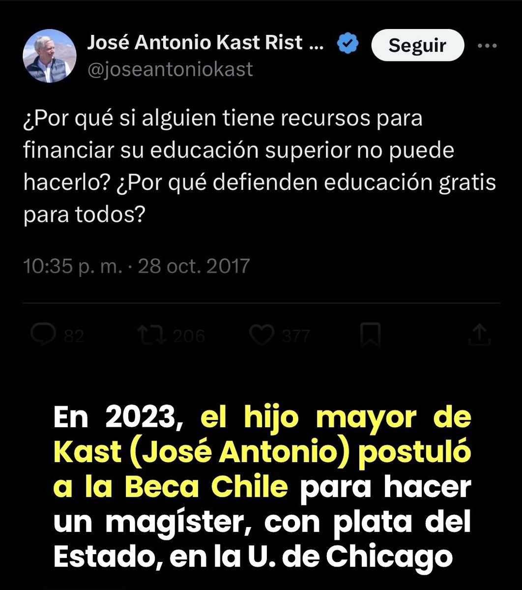 José Antonio Kast va a hacer una persecución a deudores CAE, también limitó el acceso a la gratuidad en la educación superior, PERO SU HIJO POSTULÓ PARA ESTUDIAR GRATIS EN EEUU Y NO QUEDÓ POR TONTO. Están contra la gratuidad, pero ellos quieren estudiar gratis teniendo recursos.