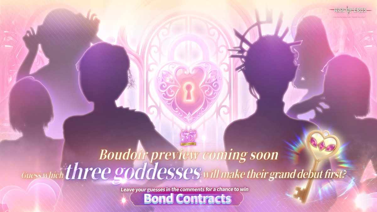 RiseofEros's tweet photo. [3.5th Anniversary Pre-event Event: Boudoir Preview Silhouette Guessing]

As the 3.5th Anniversary approaches, the doors to the all-new "Boudoir Preview" are slowly swinging open just for you.

Before stepping into that heart-pounding space of ultimate bliss, three goddesses have already struck their most seductive poses, quietly awaiting your arrival...

Through the faint light peeking from the doorway, can you identify the three hot curves and familiar silhouettes? Do you know who the heroines of tonight are?

Event Period: 2026/03/21 ~ 2026/03/23 23:59 (UTC+8)
Event Rules:
1. Like and share this post.
2. Comment with your UID + your guesses for the three goddesses.
Event Rewards:Bond Contract *5  (3 winners)
Rewards will be distributed within two weeks after the event ends. Thank you for your patience, Immortals!

#RiseofEros #3.5Anniversary #PreEvent #BoudoirPreview