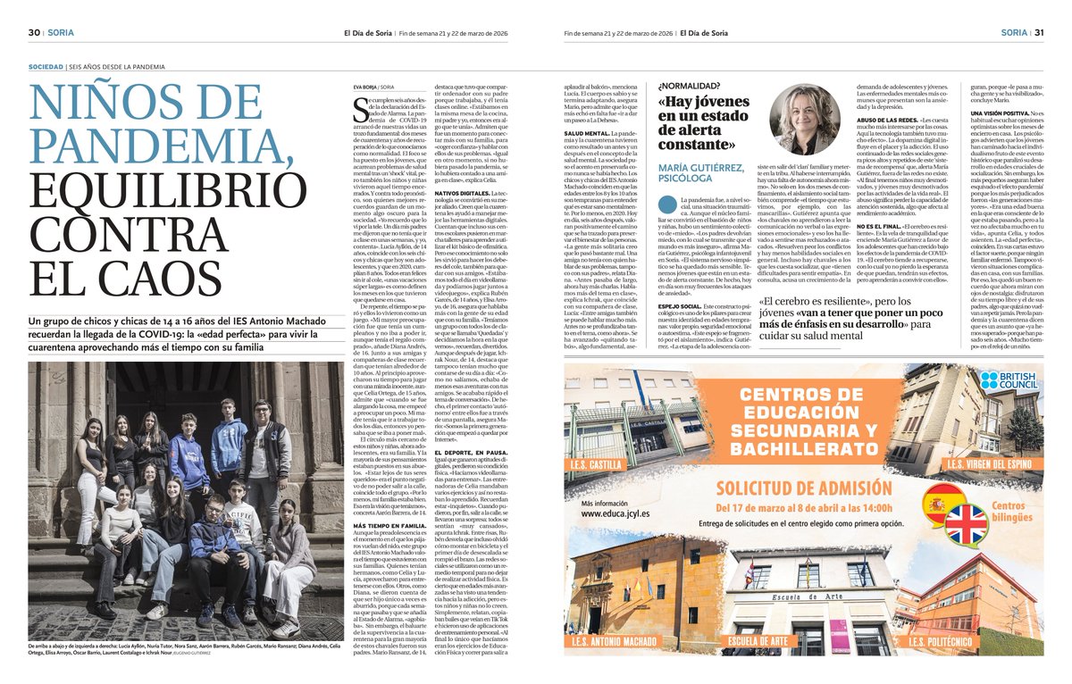 evabp_'s tweet photo. Hoy se publica una nueva edición de El Día de Soria. 

Mi estreno... una doble página sobre los seis años que han pasado desde la pandemia, pero desde una visión que todavía no había descubierto: los niños y niñas que ya son adolescentes. 

Aquí 👇 https://t.co/oWed0RPCaU