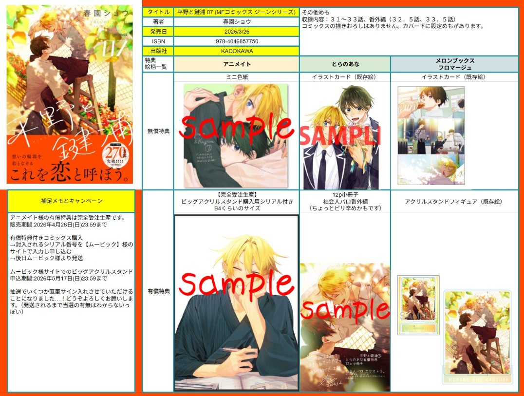 3月26日発売　平野と鍵浦07

特典のまとめです！気にいっていただける特典ありますように…！
URLはツリーに。

※売切れの特典は各店舗様（公式サイト等）にお問い合わせが多くあると、反響が大きい→再販の可能性が出てくるとのことでした…！