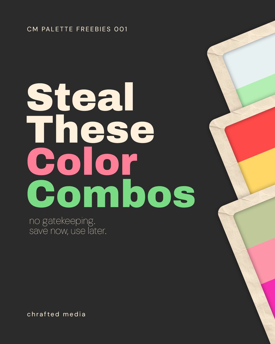 chraftedmedia's tweet photo. dropping our first palette freebies 😉

8 curated color palettes, totally free!  ✨
use them for your next project, brand refresh, or save for inspo!

you can view all 8 on our ig or tiktok 🙂‍↕️

#chraftedmedia #ColorPalette #GraphicDesign #BrandDesign #freebies https://t.co/WBcxuomSe6