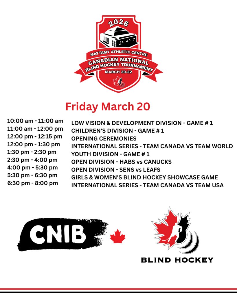 CDNBlindHockey's tweet image. Day 1 line up of #Blind #Hockey games at Mattamy Athletic Centre - Maple Leaf Gardens 🏒 

Check out the fastest team sport on ice played by athletes with 10% vision or less.

Free to attend or watch online! canadianblindhockey.com/news/the-2026-…