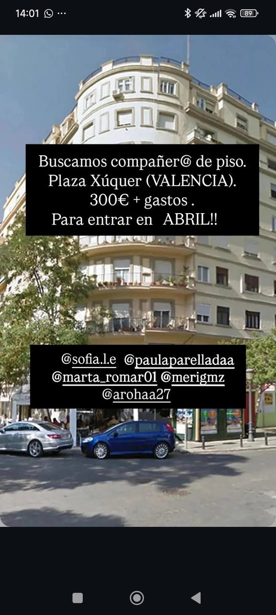 Buscamos compañerx de piso para entrar a partir del 1 de abril hasta junio (prolongable hasta sept max)
- Plaça Xuquer
- 300€/mes + Gastos (Solemos poner 30€)
* Piso a compartir con 4 chicas de entre 22 y 25 años que estudian/trabajan
* Ambiente muy guay