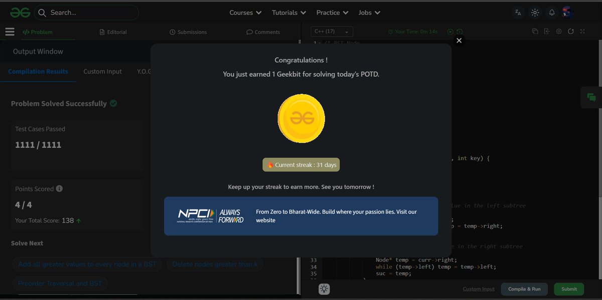 ChikuX22's tweet photo. Day 31 of 60 Days POTD Challenge Powered By NPCI(GFG)

#geekstreak60 #npci
@geeksforgeeks @NPCI_NPCI https://t.co/7j8f1P8ngu
