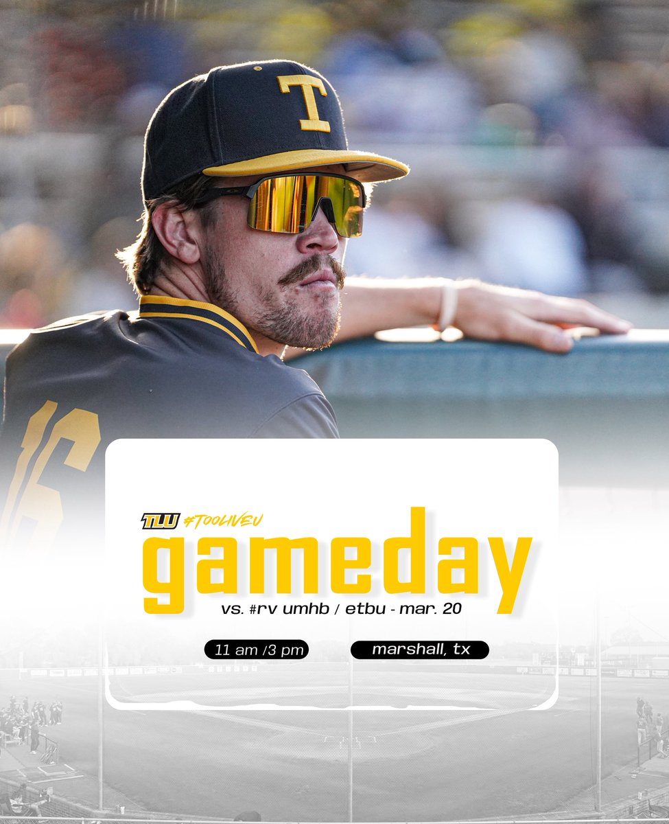 Brunch baseball in Marshall ⚾️ 

🆚: UMHB/East Texas Baptist
⏰: 11 AM/3 PM
🏟️: ETBU Tiger Ballpark at Woods Field
📍: Marshall, Texas
💻: rb.gy/rt59ly
📊: rb.gy/xyjehn

#TooLiveU | #PupsUp