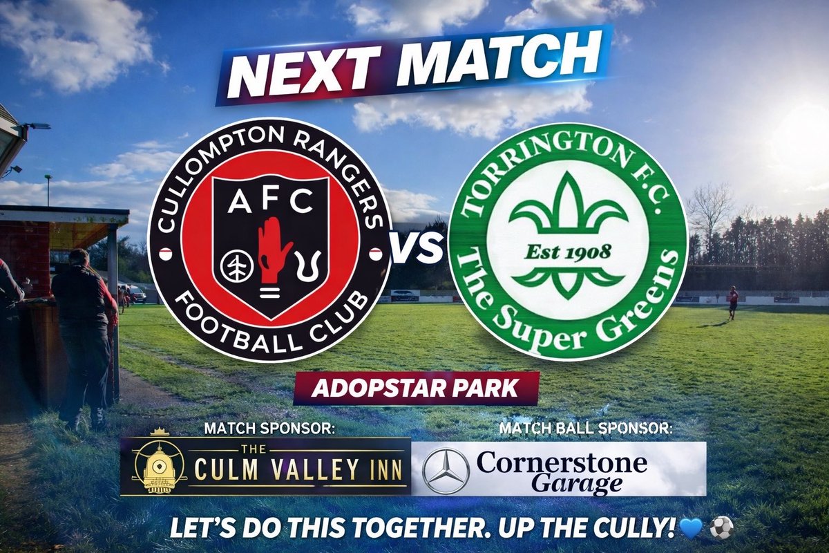CullyRangers_FC's tweet photo. TOMORROWS MATCH 💙⚽
Cully return to Adopstar Park this Saturday to face @TorringtonFC 
🕒 3PM KO

Get down, get behind the lads 👊

🤝 Culm Valley Inn – Match Sponsor
⚽ Cornerstone Garage – Match Ball Sponsor

Up the Cully! 🔵

#UpTheCully #CullomptonRangers #Matchday https://t.co/0TISKxlqYU