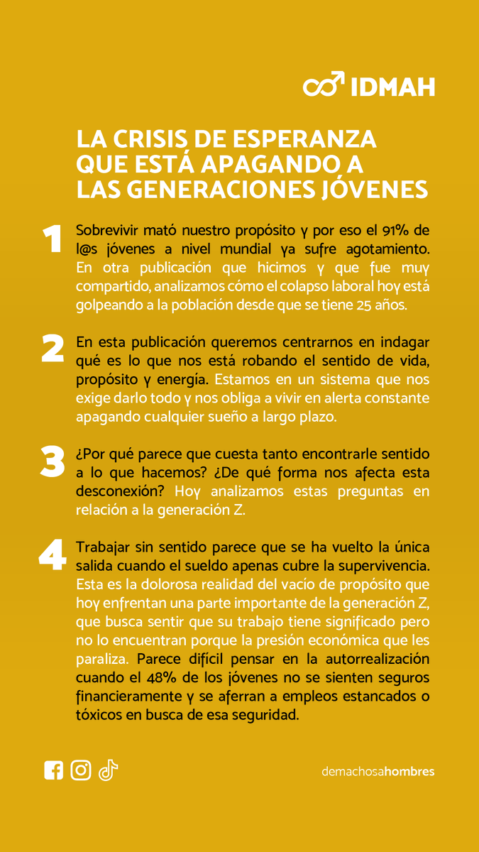 machosahombres's tweet photo. La crisis de esperanza que está apagando a las generaciones jóvenes
¿Qué tendría que cambiar en tu entorno para empezar a vivir plenamente? Guarda, comparte y cuéntanos tu opinión en los comentarios.
#DiaInternacionalDeLaFelicidad #ProyectoDeVida #Exito #ColapsoLaboral https://t.co/o6645U6uMJ
