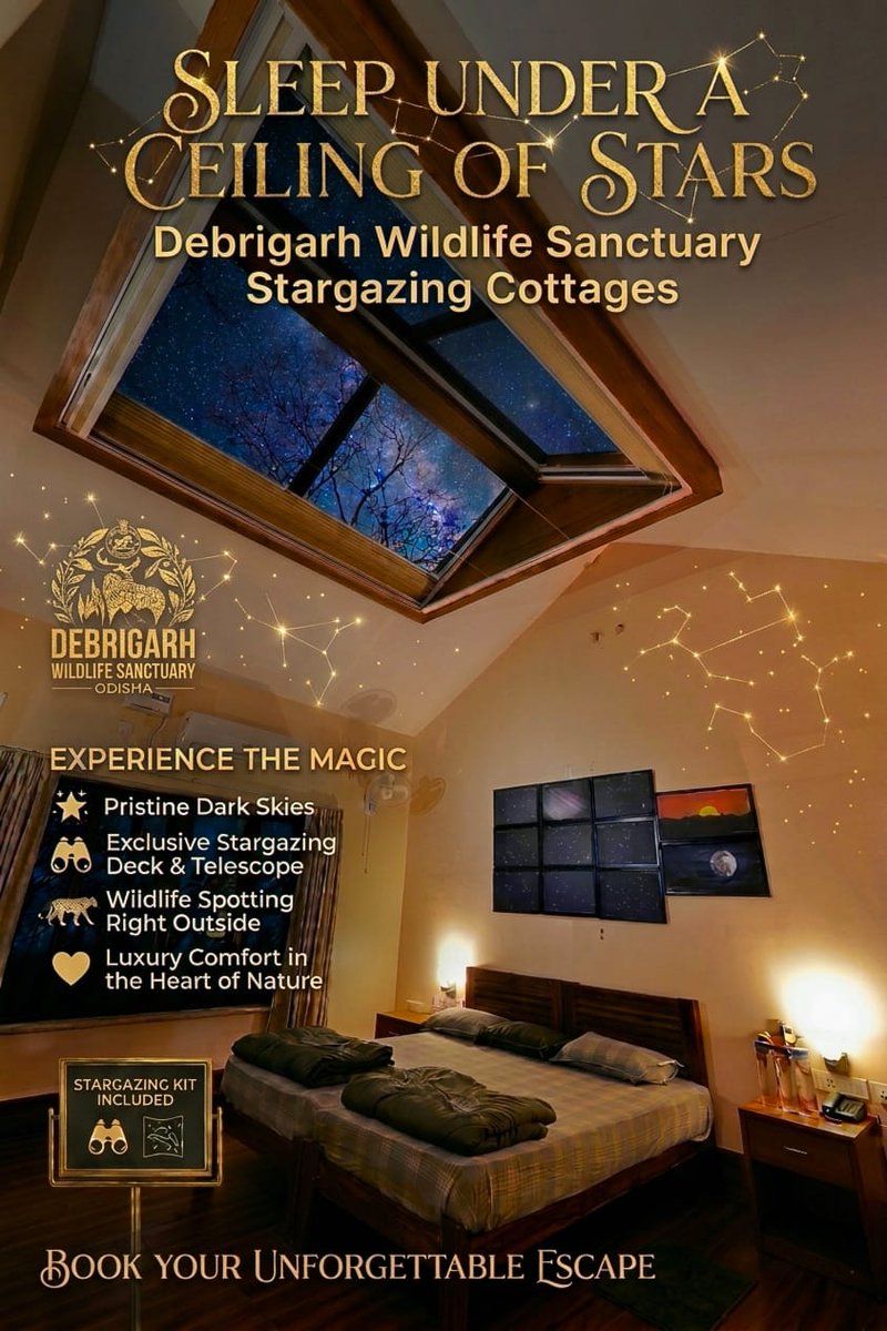 HirakudDFO's tweet image. Sleep under a ceiling of stars at Debrigarh Wildlife Sanctuary!
Pristine dark skies, wildlife at your doorstep, luxury cottages, and exclusive stargazing deck with telescope.

Book now ecotourodisha.com 9438113285

#HirakudWildlifeDivision #Stargazing
@ForestDeptt