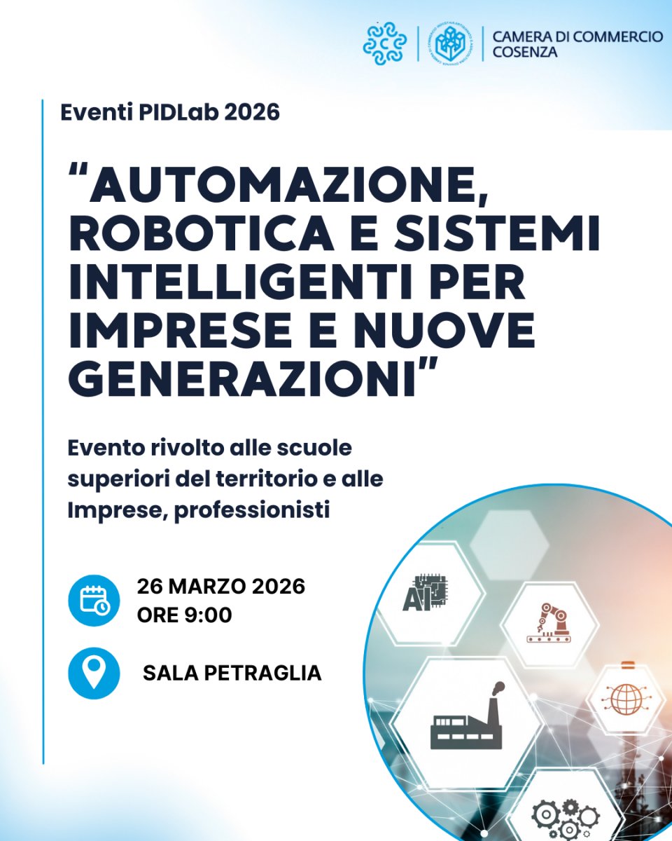 CamCom_gov's tweet photo. "Automazione, robotica e sistemi intelligenti per imprese e nuove generazioni" è il tema dell'evento in programma giovedì 26 marzo organizzato dalla #Cameradicommercio di Cosenza attraverso il suo #PIDLAB CamERAdigitale 
INFO: https://t.co/jqptIgSCzQ https://t.co/HJHOf1uRBs