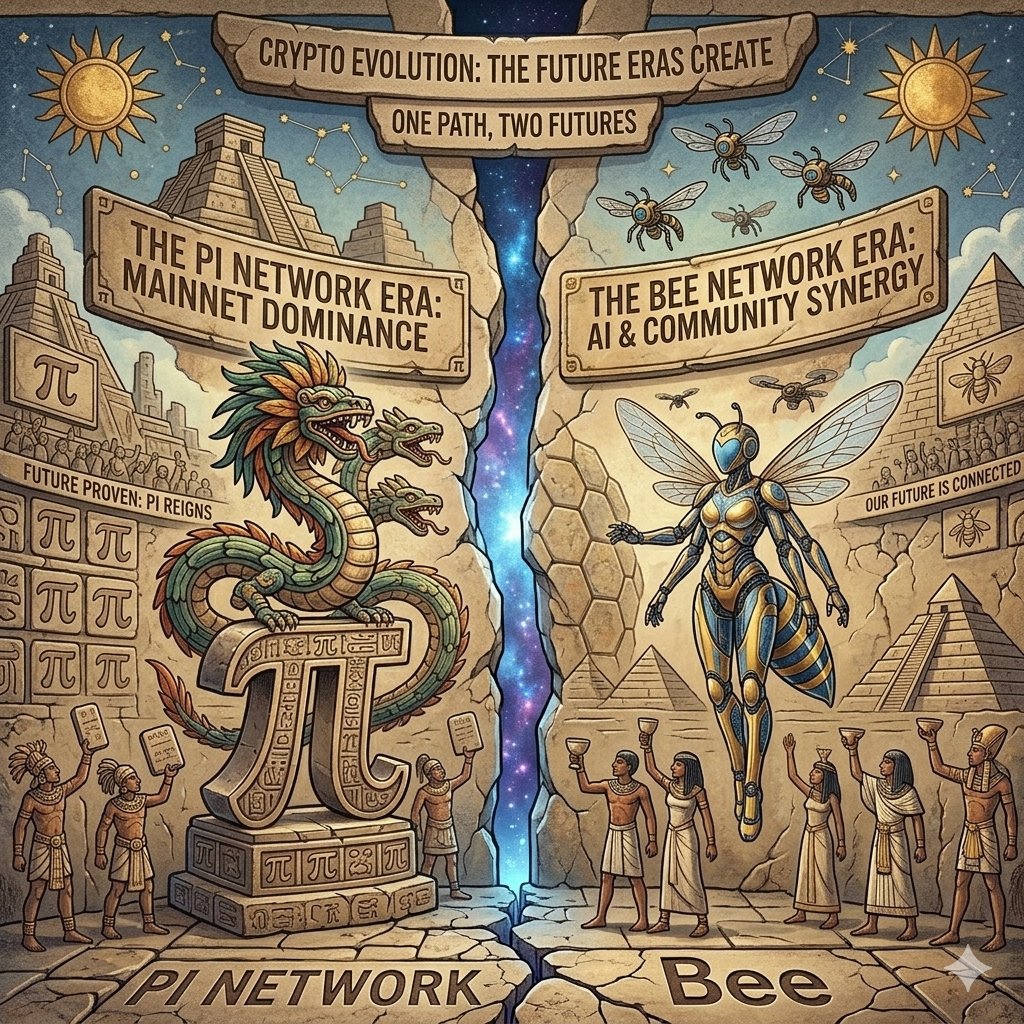 bee_future99's tweet photo. The history of crypto is being rewritten. From the ancient foundations of community to the futuristic heights of Web3, One path, two legendary futures. Whether it’s Mainnet Dominance or AI Synergy, 🤙 @bee_future99  ##PiNetwork #BeeNetwork #CryptoHistory #Web3Evolution https://t.co/VvJIrJtp3S