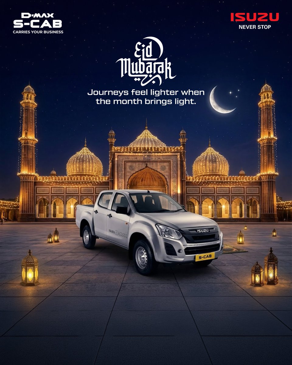 IsuzuIndia's tweet image. Bringing a sense of ease to every journey and light to every path. Wishing you a blessed and prosperous Eid!

#EidMubarak #ISUZU #NeverStop #Prosperity #Eid2026