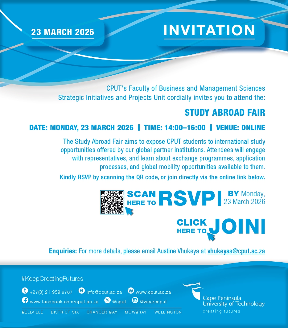 CPUT_FBMS's tweet photo. 🌍 3 DAYS TO GO | Virtual Study Abroad Fair 2026 ✈️

Discover international study opportunities, funding options &amp; real student experiences abroad.

📅 23 March 2026
🕑 14:00–16:00
💻 MS Teams: 

👉 RSVP: https://t.co/vySgcTVVNX

#StudyAbroad #GlobalOpportunities #International https://t.co/6eRaLA8jn6