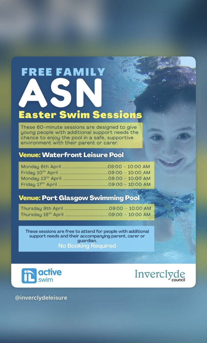 CraigmarlochINV's tweet photo. FREE FAMILY ASN EASTER SWIM SESSIONS

📍 Waterfront Leisure Pool
Mon 6th April, 9–10 AM
Fri 10th April, 9–10 AM
Mon 13th April, 9–10 AM
Fri 17th April, 9–10 AM

📍 Port Glasgow Swimming Pool 
Thurs 9th April, 9–10 AM
Thurs 16th April, 9–10 AM

✅ No booking required
@InverclydeL https://t.co/PN286CmdGv