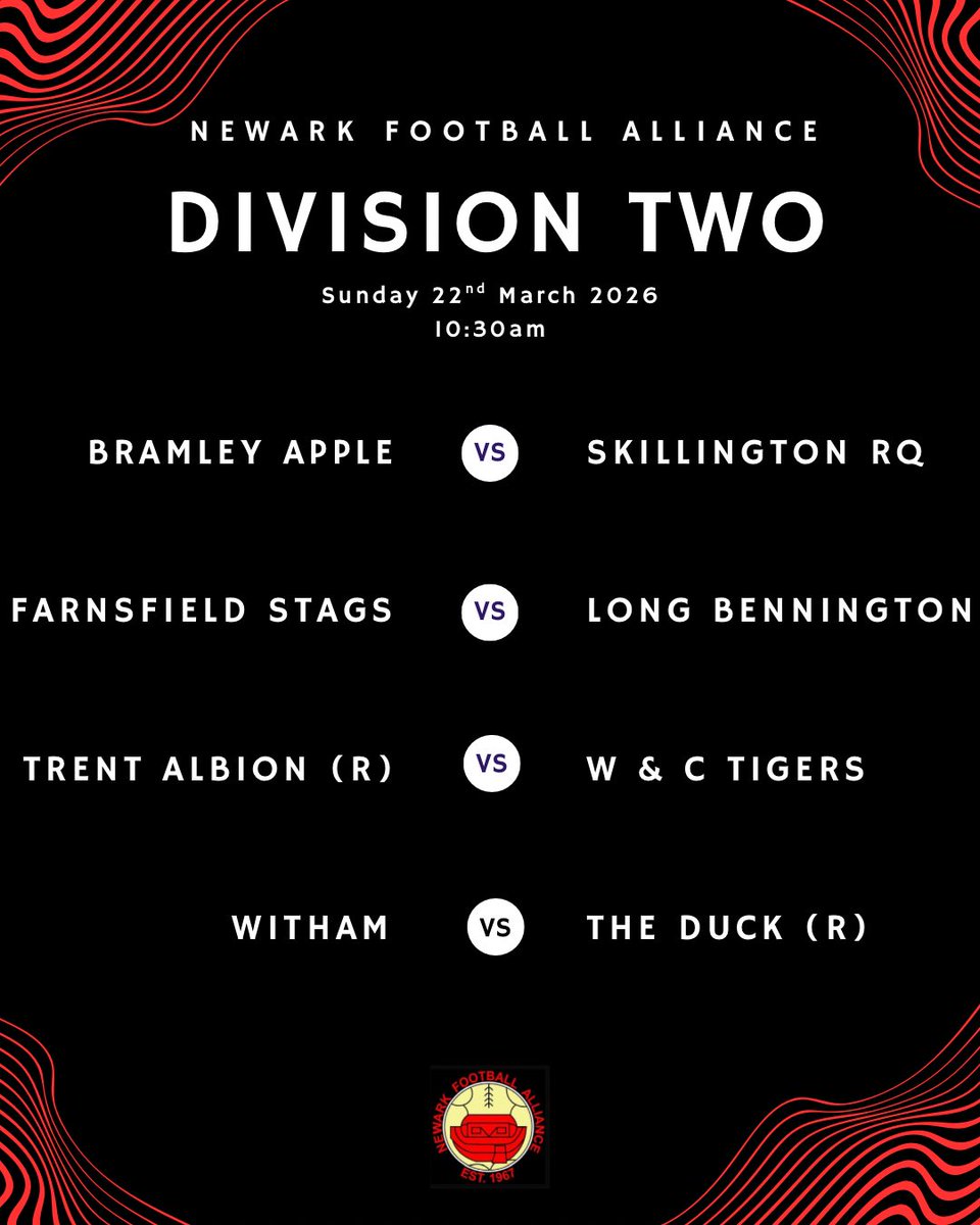 ⚽️𝗪𝗲𝗲𝗸𝗲𝗻𝗱 𝗙𝗶𝘅𝘁𝘂𝗿𝗲𝘀
📆𝗦𝘂𝗻𝗱𝗮𝘆 𝟮𝟮𝗻𝗱 𝗠𝗮𝗿𝗰𝗵 𝟮𝟬𝟮𝟲

Good Luck to AFC Newark &amp; The Duck in their Semi Finals of the Notts Cup.