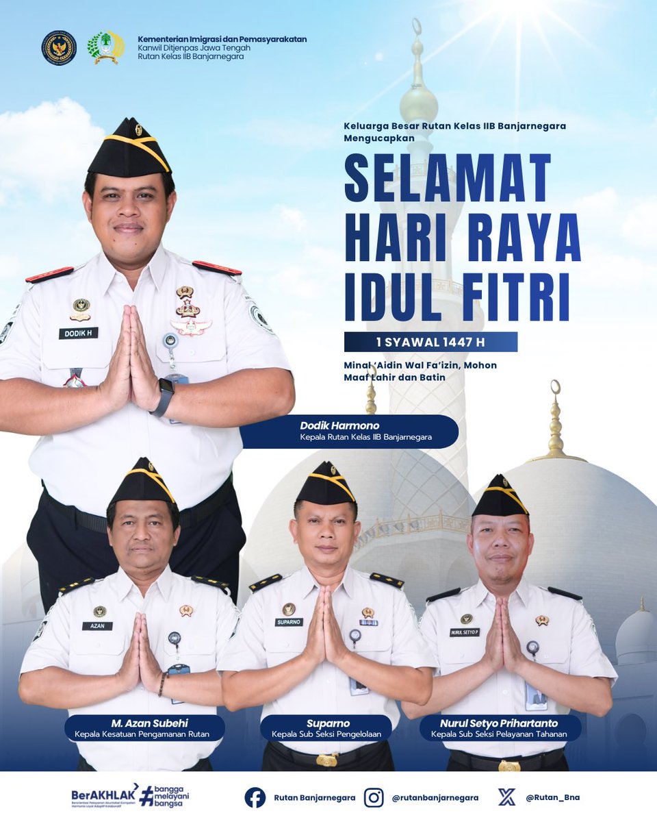 RUTAN_BNA's tweet image. Rumah Tahanan Negara Kelas IIB Banjarnegara mengucapkan

Selamat Hari Raya Idul Fitri 1 Syawal 1447 H Minal ‘Aidin Wal Fa’izin, Mohon Maaf Lahir dan Batin

#kemenimipas
#guardandguide
#infoimipas
#rutanbanjarnegara
#Pemasyarakatan

(Tim Humas Rutan Banjarnegara)