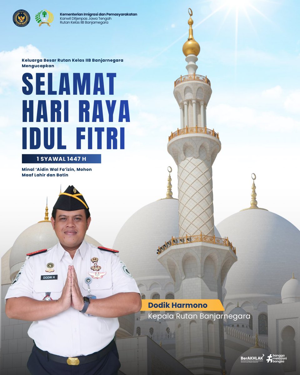 RUTAN_BNA's tweet image. Rumah Tahanan Negara Kelas IIB Banjarnegara mengucapkan

Selamat Hari Raya Idul Fitri 1 Syawal 1447 H Minal ‘Aidin Wal Fa’izin, Mohon Maaf Lahir dan Batin

#kemenimipas
#guardandguide
#infoimipas
#rutanbanjarnegara
#Pemasyarakatan

(Tim Humas Rutan Banjarnegara)