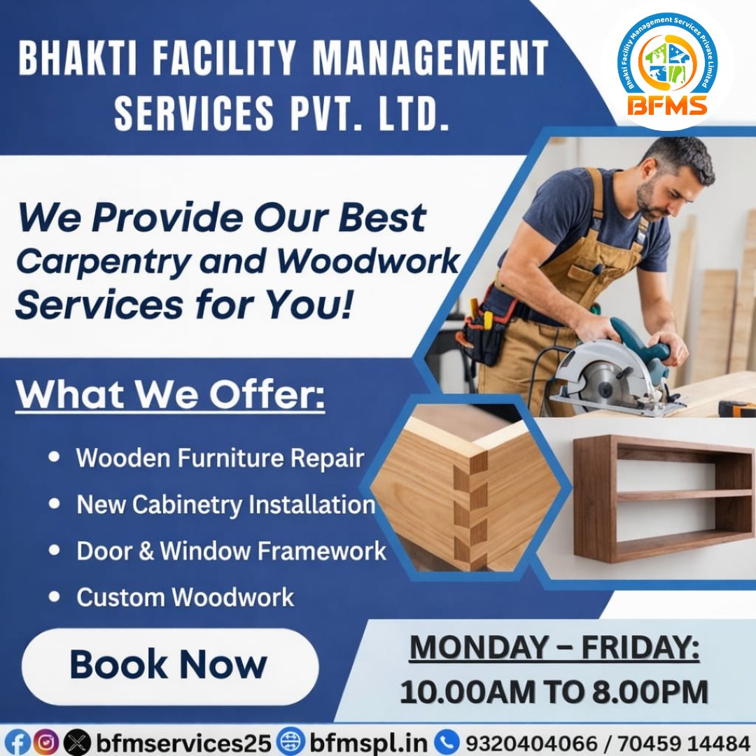 bfmservices25's tweet photo. Expert Carpentry &amp; Woodwork Services | BFMS
From repairs to custom designs, we provide skilled craftsmanship for all your woodwork needs.
#bfms #carpentryservices #woodwork #furniturerepair #customfurniture #facilitymanagement #homeservices #commercialservices #renovationservices https://t.co/iDekgWfwbh