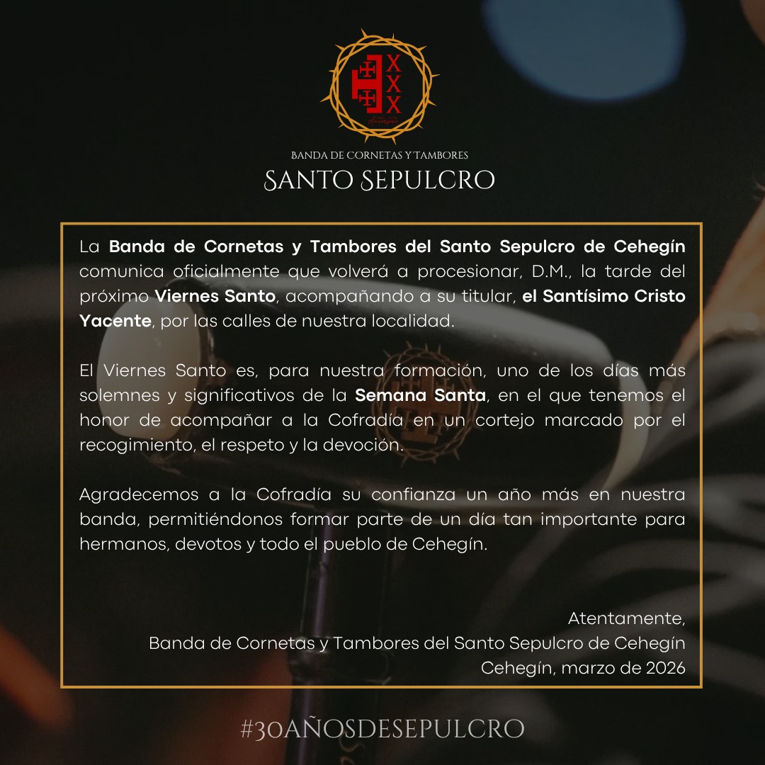 BandaSSepulcro's tweet photo. 🗓️ | 𝐕𝐈𝐄𝐑𝐍𝐄𝐒 𝐒𝐀𝐍𝐓𝐎 𝟐𝟎𝟐𝟔

@ssepulcrocehegi
 
#30añosdesepulcro ♥️🖤

🔗https://t.co/Pa2OPBcSxj

#SemanaSanta #procesion #viernessanto #murcia https://t.co/bVJ8PvO8SI
