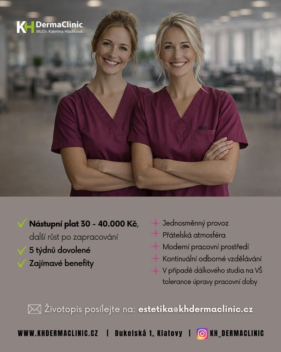 medijobEU's tweet photo. KH DermaClinic Klatovy hledá praktickou/všeobecnou sestru (HPP/částečný úvazek/OSVČ/DPP).
 Dermatologie &amp; estetika, jednosměnný provoz bez nočních.
Mzda 30–40 tis. Kč, 5 týdnů dovolené, růst i pro absolventy.
https://t.co/OEKc0CoQ6o https://t.co/CZk9hYlmQL
