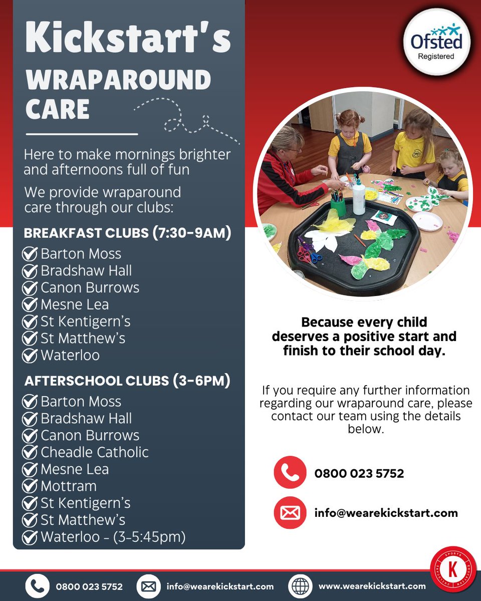 wearekickstart's tweet image. 🌞Kickstart Wraparound Care🌞
Bright mornings &amp;amp; fun afternoons ✨ 
Safe, supportive Breakfast &amp;amp; Afterschool Clubs
✅ Ofsted registered 
✅ Caring staff 
✅ Multiple locations💛 
Book a place today: wearekickstart.com
#WraparoundCare #BreakfastClub #AfterschoolClub #Kickstart
