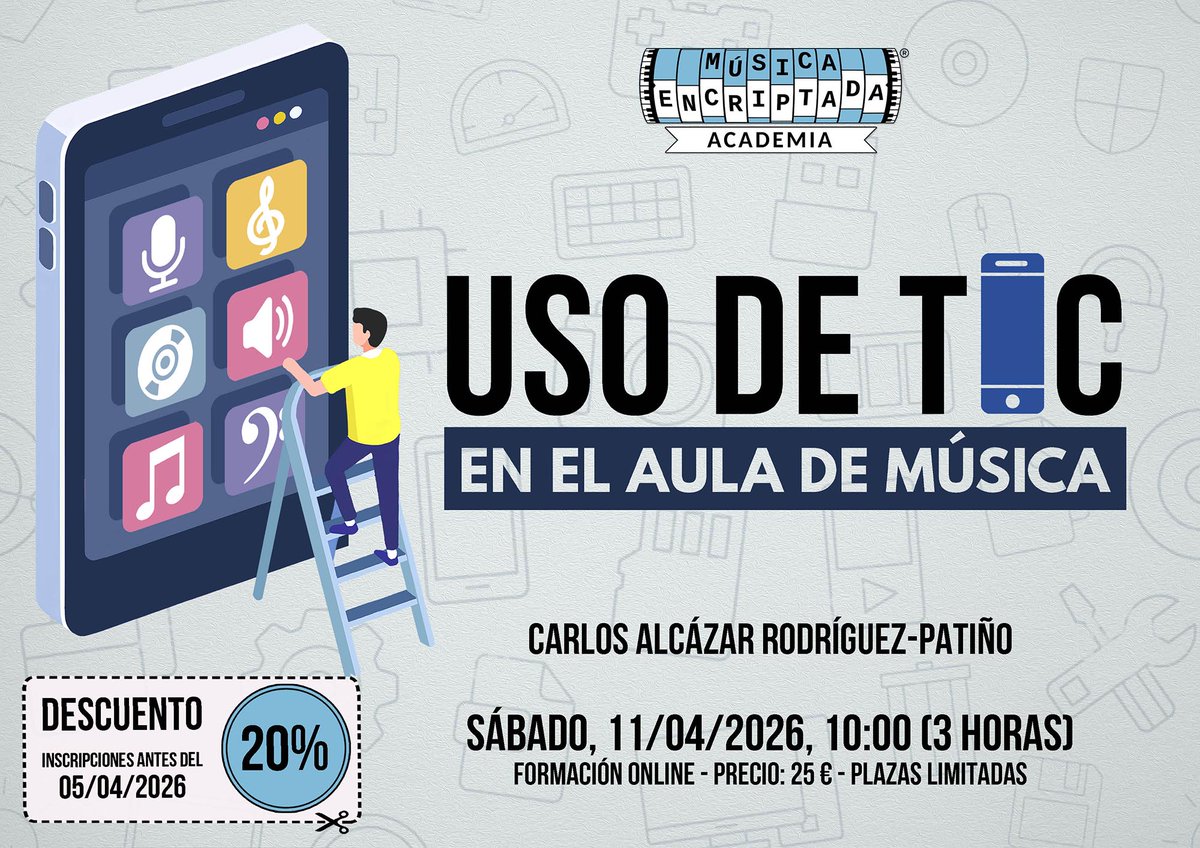 musicaencripta's tweet photo. ¿Imaginas transformar el aula de música en un entorno donde la tecnología potencie el aprendizaje y la motivación del alumnado? El próximo sábado, 11 de abril de 2026 a las 10:00 (hora peninsular española) vas a descubrir cómo hacerlo posible. https://t.co/fVg55I8ksu