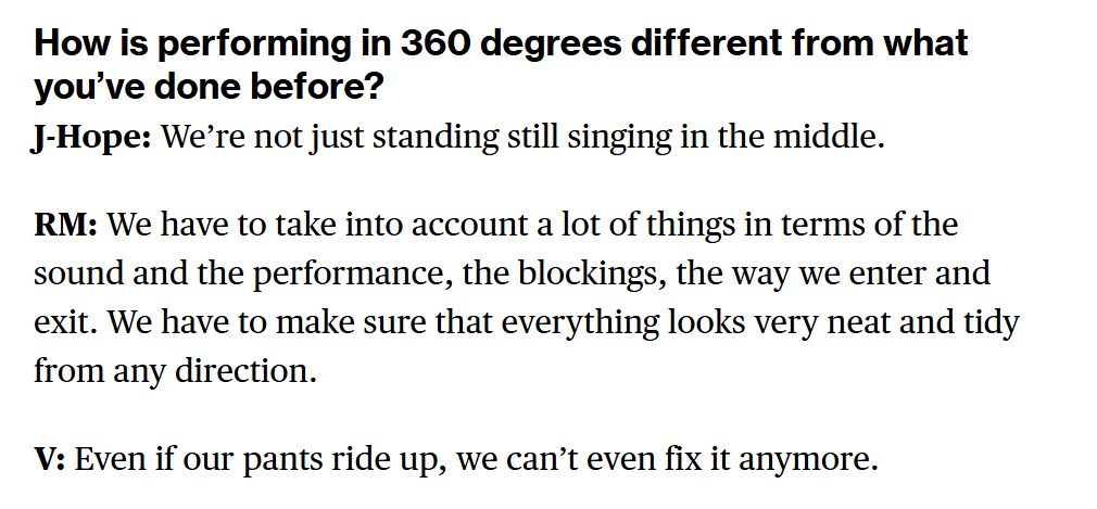 การแสดงบนเวที 360 องศาต่างจากปกติยังไงบ้าง?

โฮป &amp; นัมจุน: พูดถึงว่าต้องคำนึงถึงตำแหน่งการยืน ซาวด์ บล็อกกิ้งต่างๆ เพื่อให้ทุกอย่างดูเป๊ะที่สุด

แท: ถ้ากางเกงเราเกิดม้วนขึ้นมาก็ทำอะไรไม่ได้แล้วฮะทีนี้

5555555555555555555555555