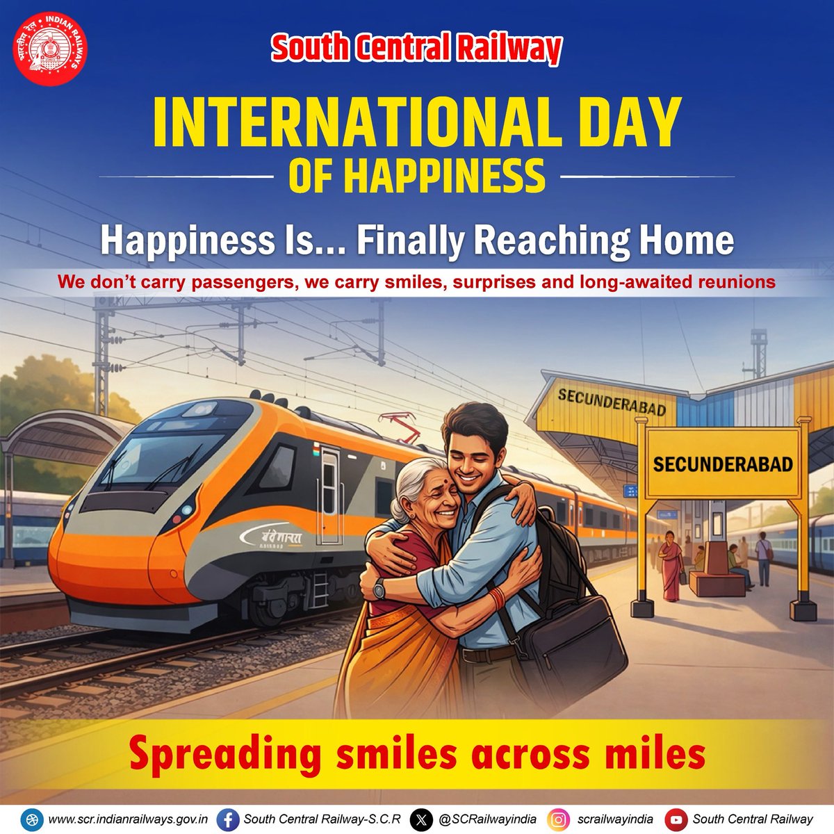 SCRailwayIndia's tweet photo. The best kind of "Arrival" is the one that ends in a smile. Spreading joy across every mile this.

@RailMinIndia 

#InternationalDayOfHappiness. 😊🏠 https://t.co/Im0ujAWSaM