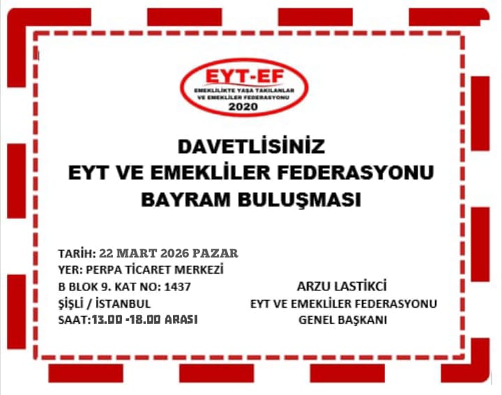 EmekliVeOfkeli3's tweet photo. BAYRAM BULUŞMASı‼️

EYT&amp;EMEKLİLER FED @EytEmeklilerFed
Genel Merkezde;
22 Mart 2026 Pazar
(Bayram 3. günü)
Saat 13.00 -18.00 arası
Bir araya geleceğiz.
Tüm dost, arkadaşlarımızı da bayramlaşmaya bekleriz.!
#RamazanBayramı 
#EmekliyeBayramDeğilHüsran
#5000KısmiyeBayramHüsran https://t.co/BKzDCYuu0a
