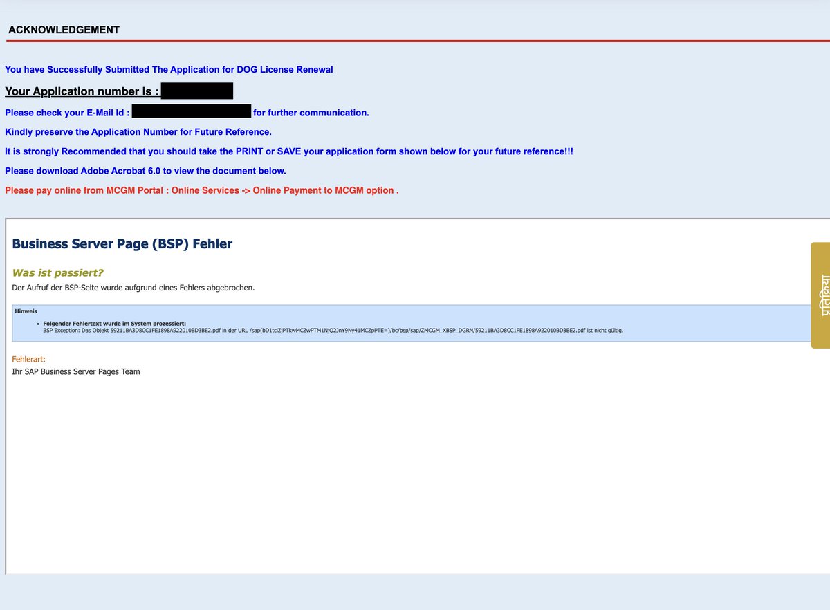 dan1shaslam's tweet image. Dear @mybmc,

Applied for a dog license renewal in Mumbai… your portal replied in German.

“Benutzersitzung ist abgelaufen” — not a new breed, I hope.

Application: submitted.
PDF: gone.
Should I renew the license or enrol in Duolingo?
#Mumbai #BMC #TechSupport #DogLicense