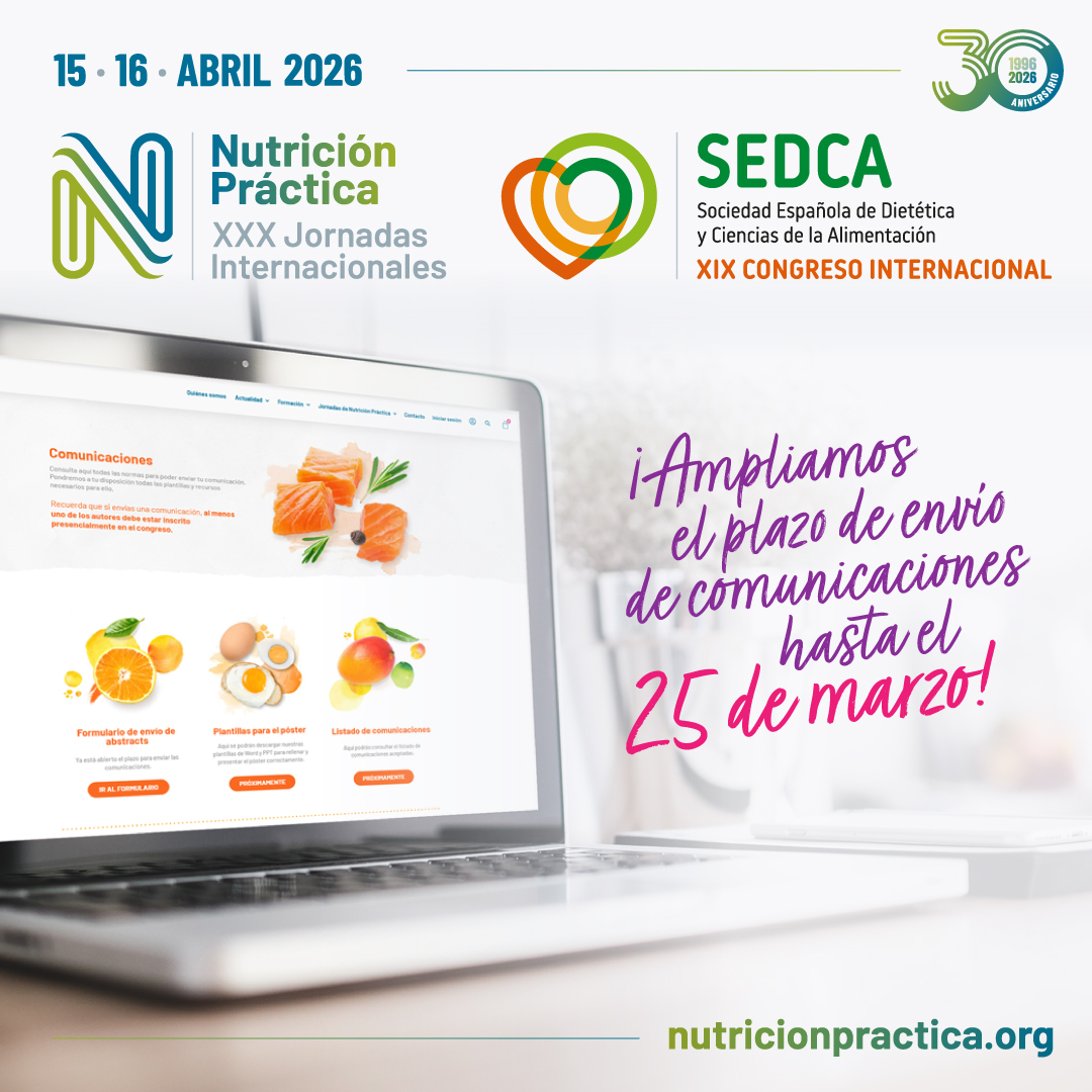 NutPractica's tweet photo. 📢Se amplía hasta el 25 de marzo el plazo de envío de comunicaciones para las Jornadas de Nutrición Práctica y el Congreso SEDCA.

📍 15–16 abril 2026
🔗 https://t.co/M9k75zDcYE https://t.co/5LpatPEo0O