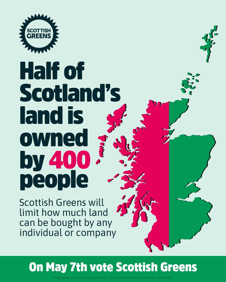 scottishgreens's tweet photo. Scotland's land distribution is amongst the most unequal in Europe.

Land should benefit our communities, nature and environment, not just private profit.

We'll limit how much land can be bought by any individual or company unless it provably contributes to the common good. https://t.co/YFenXOvchQ